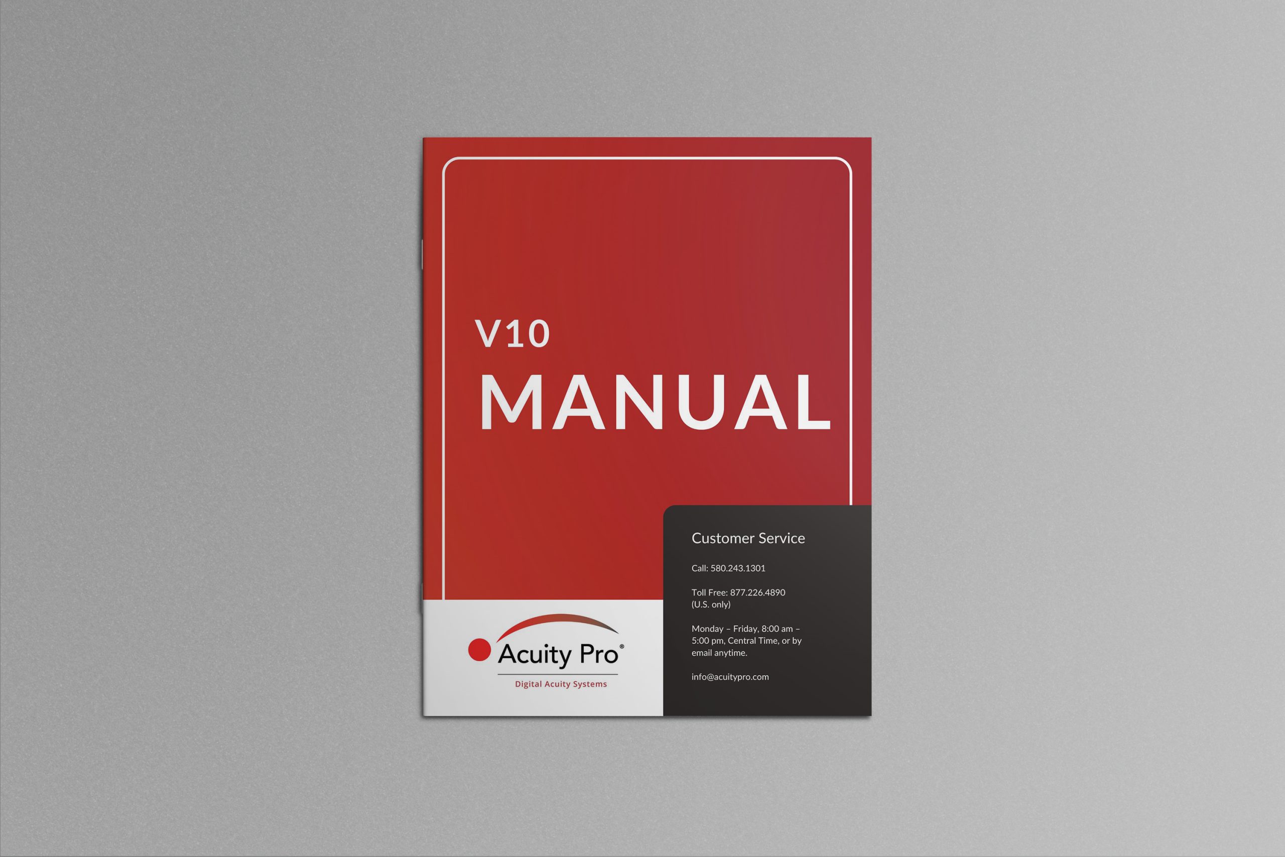 Acuity Pro Manual Version 10 cover in red with customer service contact information