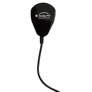 The Acuity Testing Receiver, a sleek, teardrop-shaped device with the Acuity Pro logo, part of the Acuity Pro Digital Acuity System.