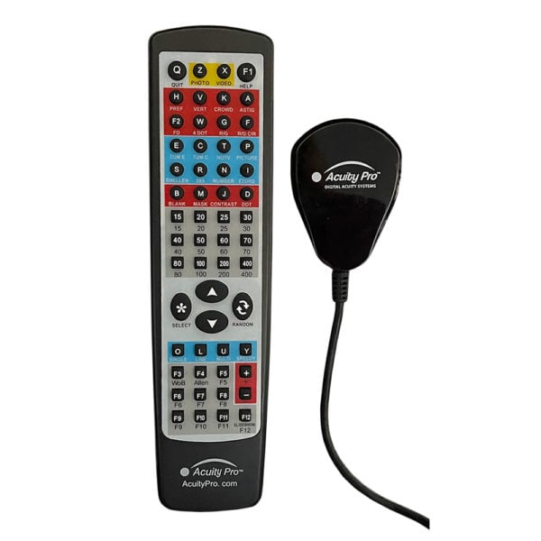 A high-contrast image of the acuity pro remote and receiver, featuring a multi-button layout with various vision test options and an attached black receiver with the acuity pro logo.