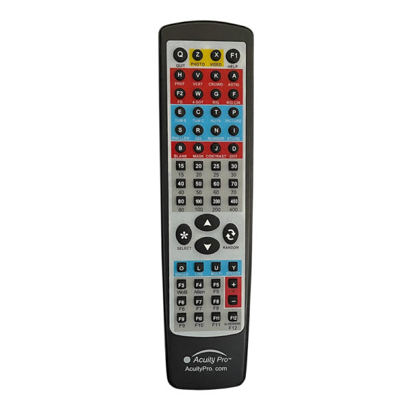 Acuity pro remote with button layout for vision tests and acuity pro branding.