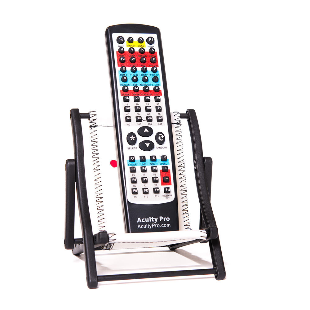 Acuity pro remote control in a caddy stand for visual acuity testing systems.