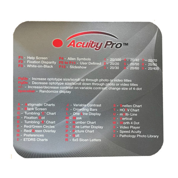 An acuity pro mousepad featuring a comprehensive list of acuity testing shortcuts with labeled function keys and visual acuity scales, designed for quick reference during eye examinations.