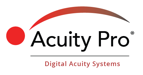 Logo of AcuityPro, featuring stylized red and grey text with a red dot, indicating their focus on digital visual acuity systems.
