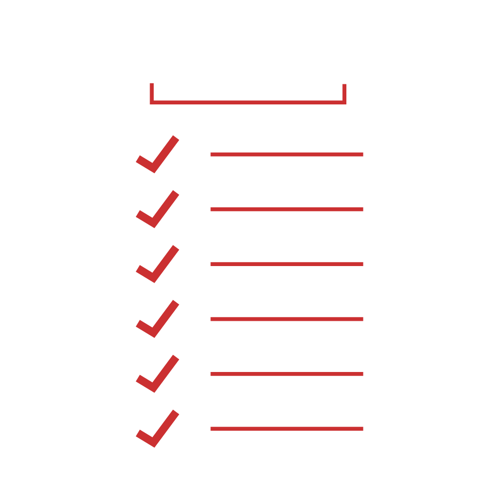 Illustration of a red checklist with check marks, denoting organization, task completion, and efficiency.