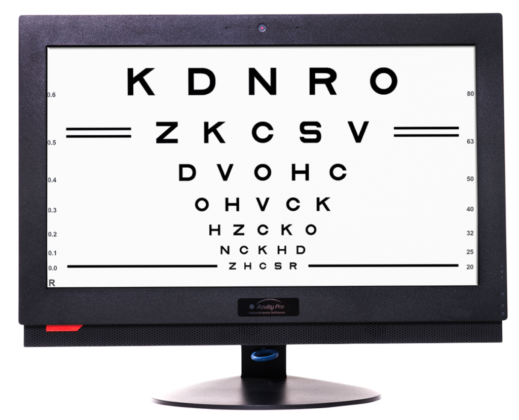 AcuityPro monitor displaying a Snellen eye chart for visual acuity testing in an eye care professional's practice.
