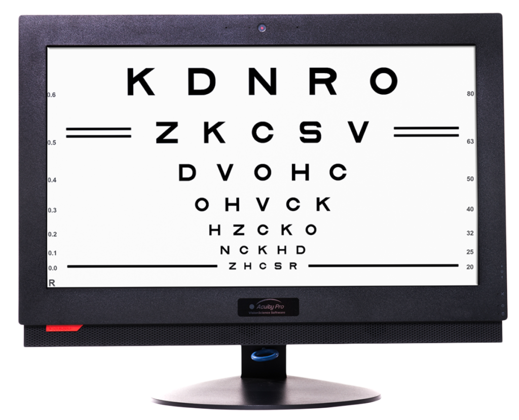 Acuity Pro monitor displaying a digital visual acuity chart for eye exams.