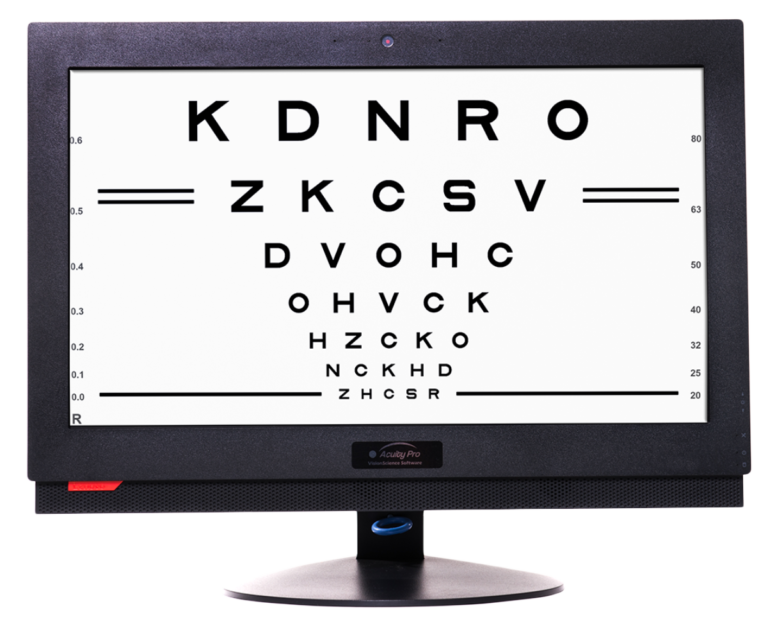 Acuity pro monitor displaying a digital visual acuity chart for eye exams.