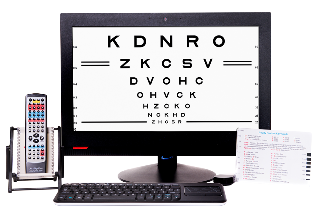 Computer monitor and remote displaying an eye chart using the acuity pro digital acuity system software