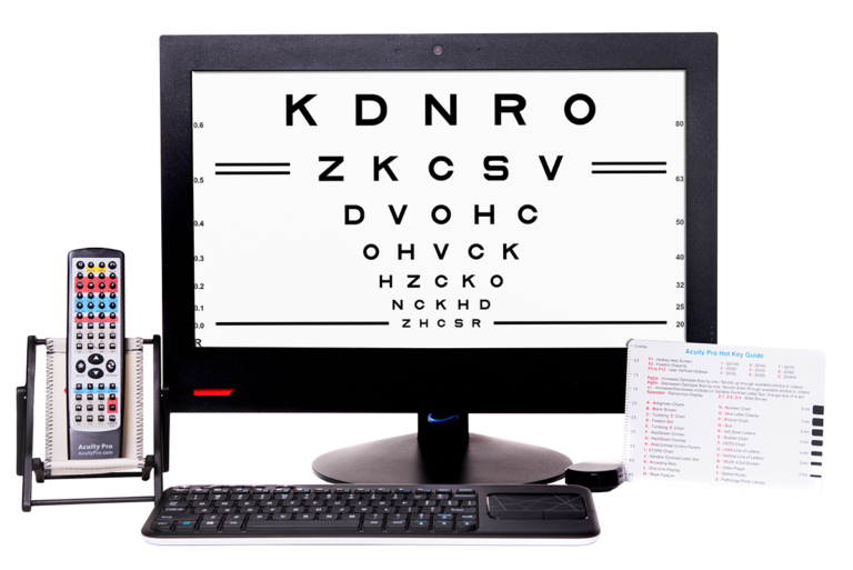 Computer monitor displaying eye chart for visual acuity exam with Acuity Pro software.