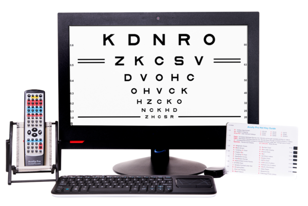 Computer monitor displaying acuity chart for visual acuity exam with the all-in-one acuity pro digital acuity system.