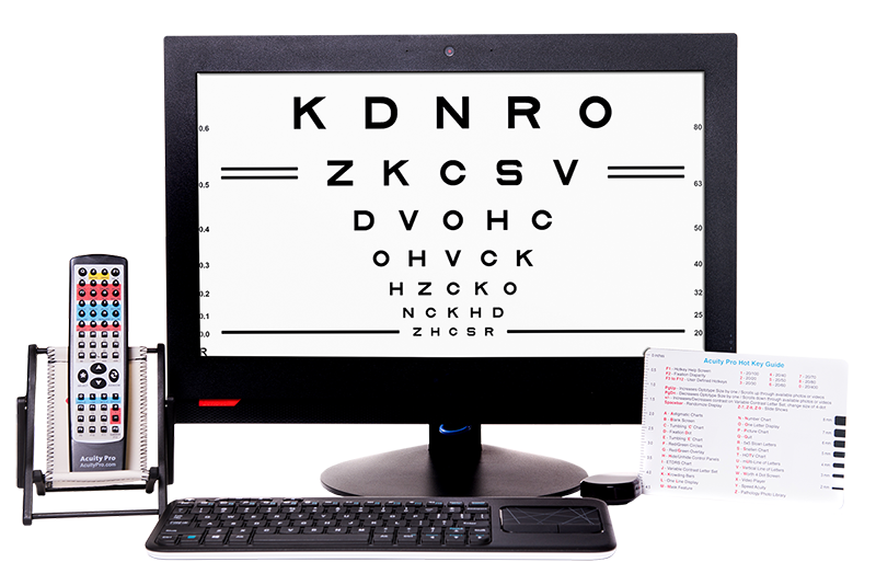 Acuity pro digital visual acuity software interface displaying a snellen chart for eye examinations.