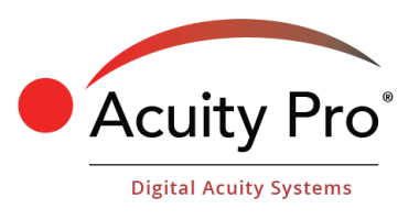 Logo with stylized text and red dot for AcuityPro visual systems.